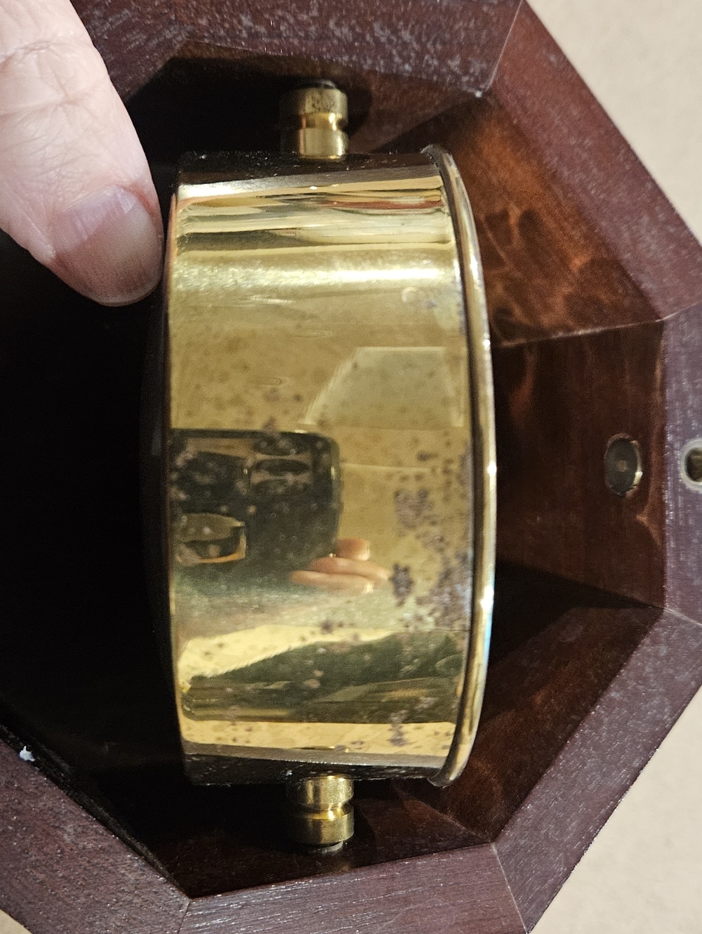 Bulova Brass Clock in Dark Brown Octagonal Wood Case - Picture 6 of 6